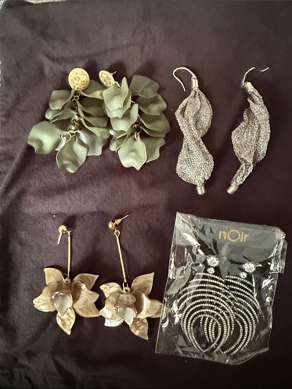 Mixed Statement Earrings Set - Olive Green, Gold, Silver